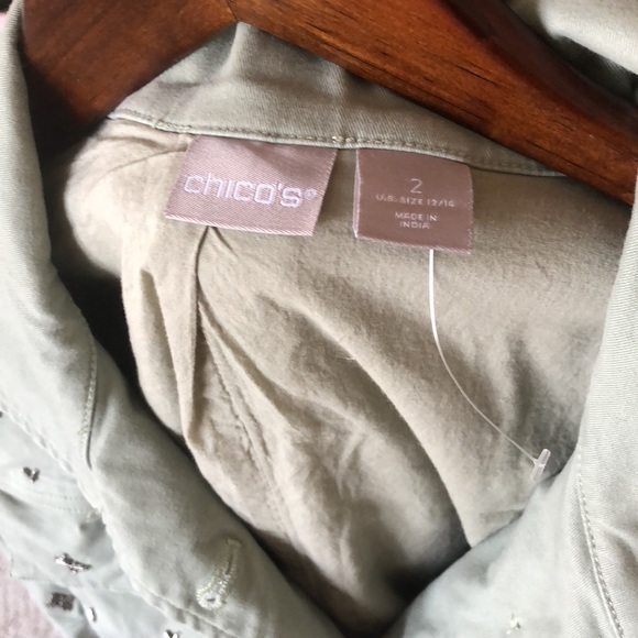 Chicos Green Boho Beaded Button Down Moto Jacket - Picture 3 of 10